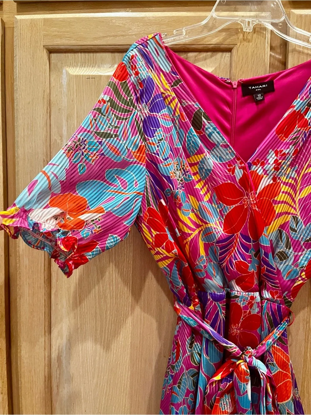 Tahari ASL Pink & Red Floral Wrap Mini Dress - Picture 4 of 6